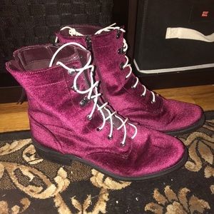Pair of purple/red velvet side-zip boots